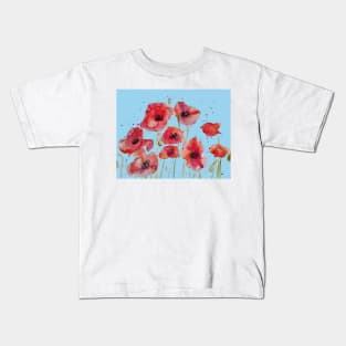 Red Poppy Watercolor Painting on Pastel Blue Kids T-Shirt